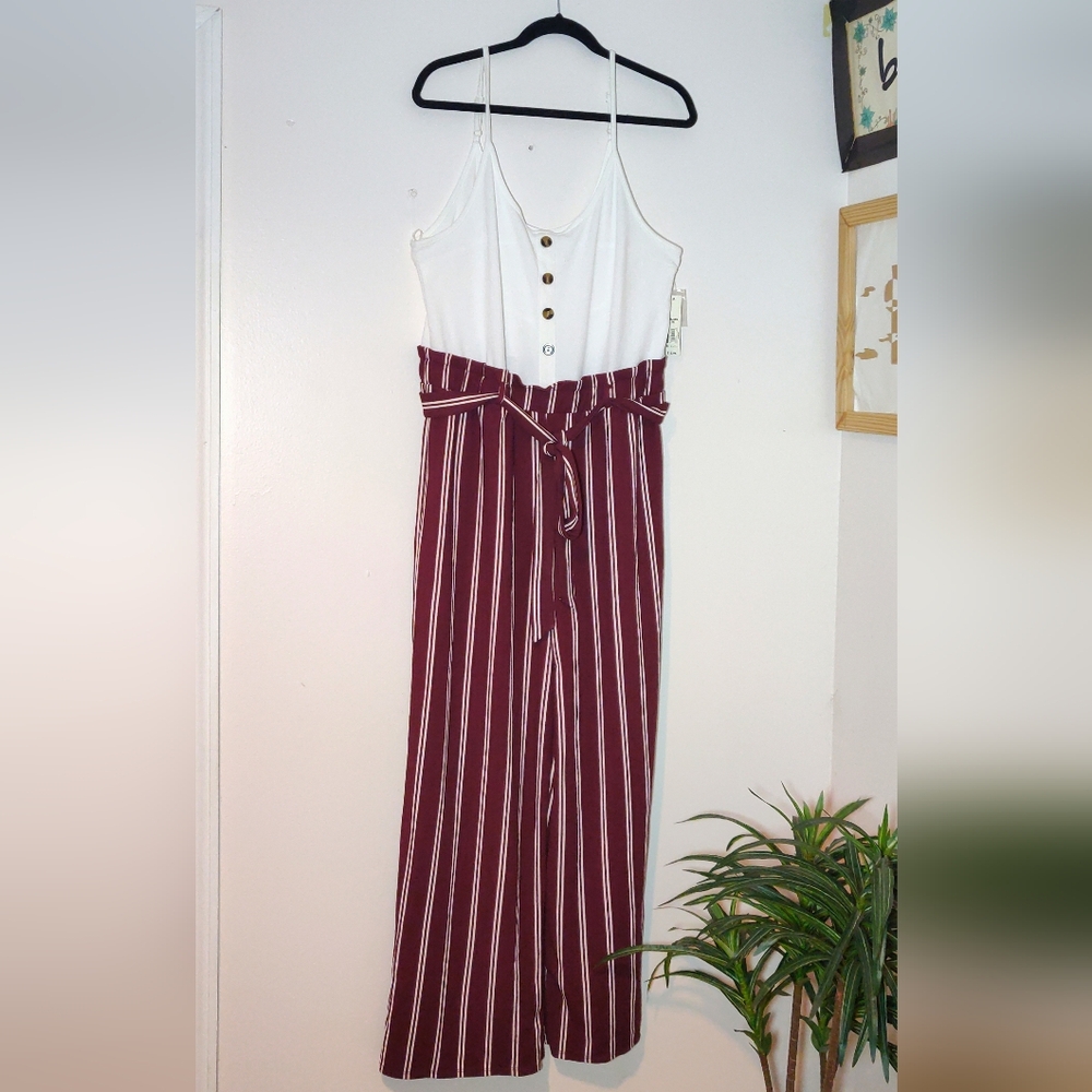 Stylish White and Burgundy Striped Jumpsuit